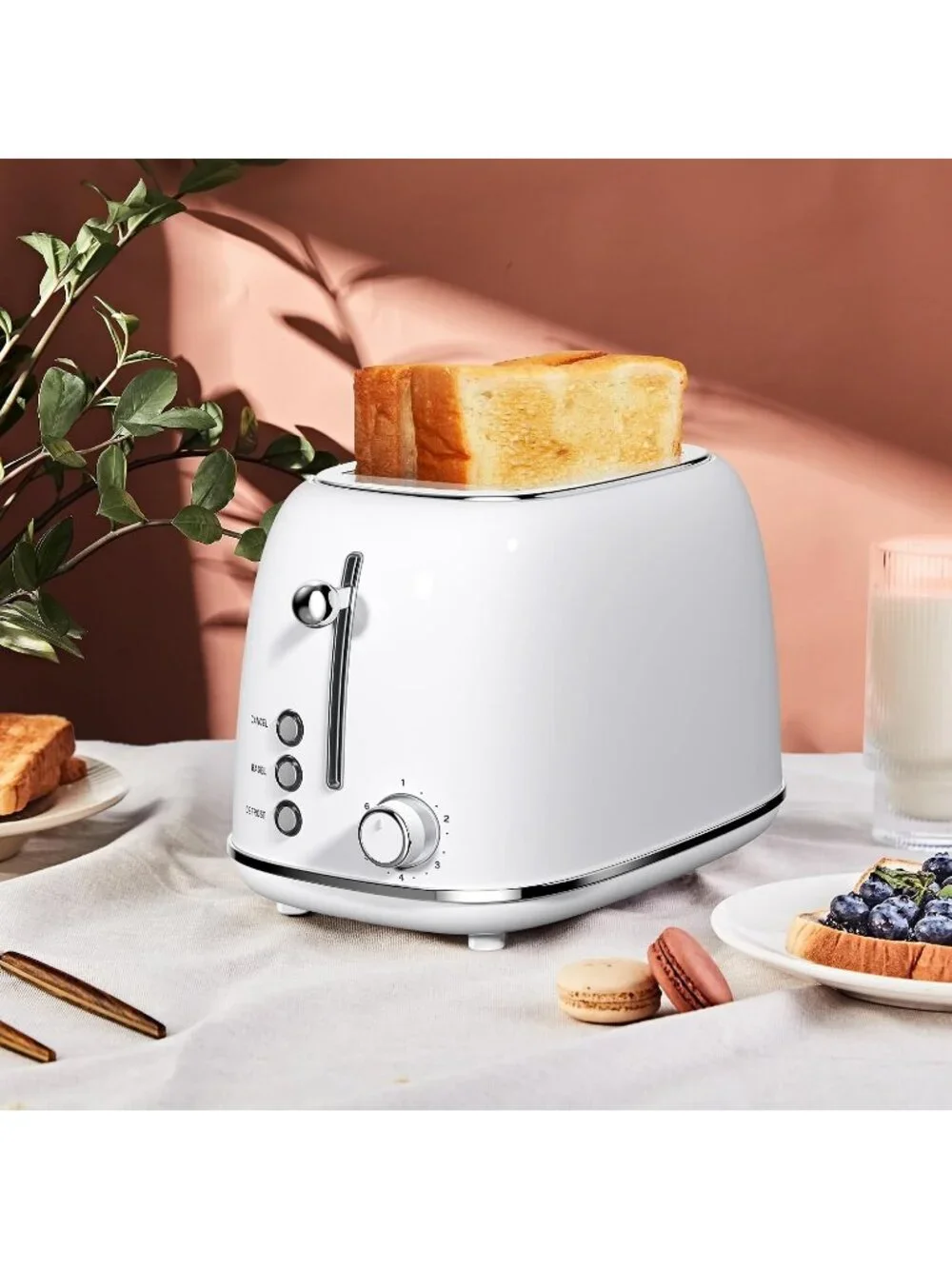 2 Slice White Retro Stainless Steel with Bagel Defrost Functions Tray Toaster